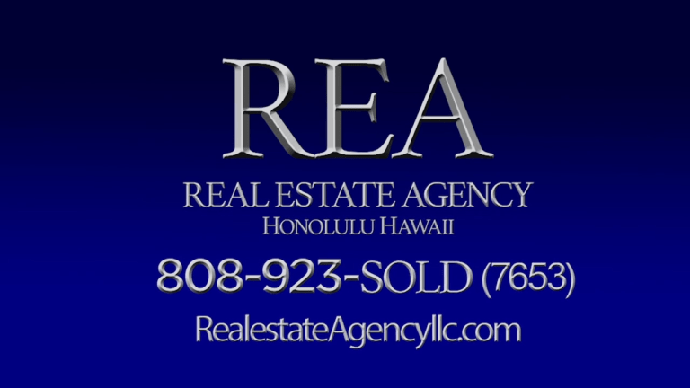 Logo for REA Real Estate Agency Honolulu, Hawaii with contact 808-923-SOLD (7653) and RealEstateAgencyllc.com on a blue gradient background.